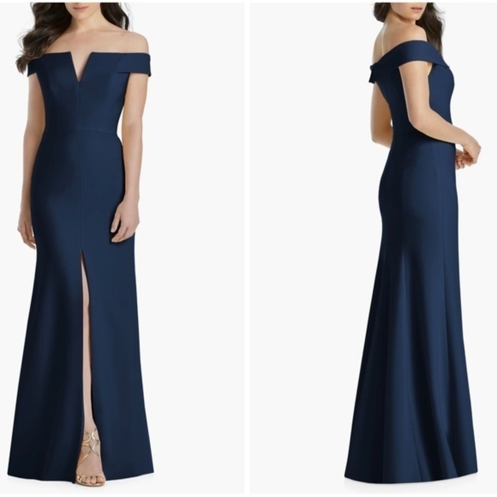 NWOT Dessy Collection Midnight Navy Blue Notched Off Shoulder Crepe Gown 12